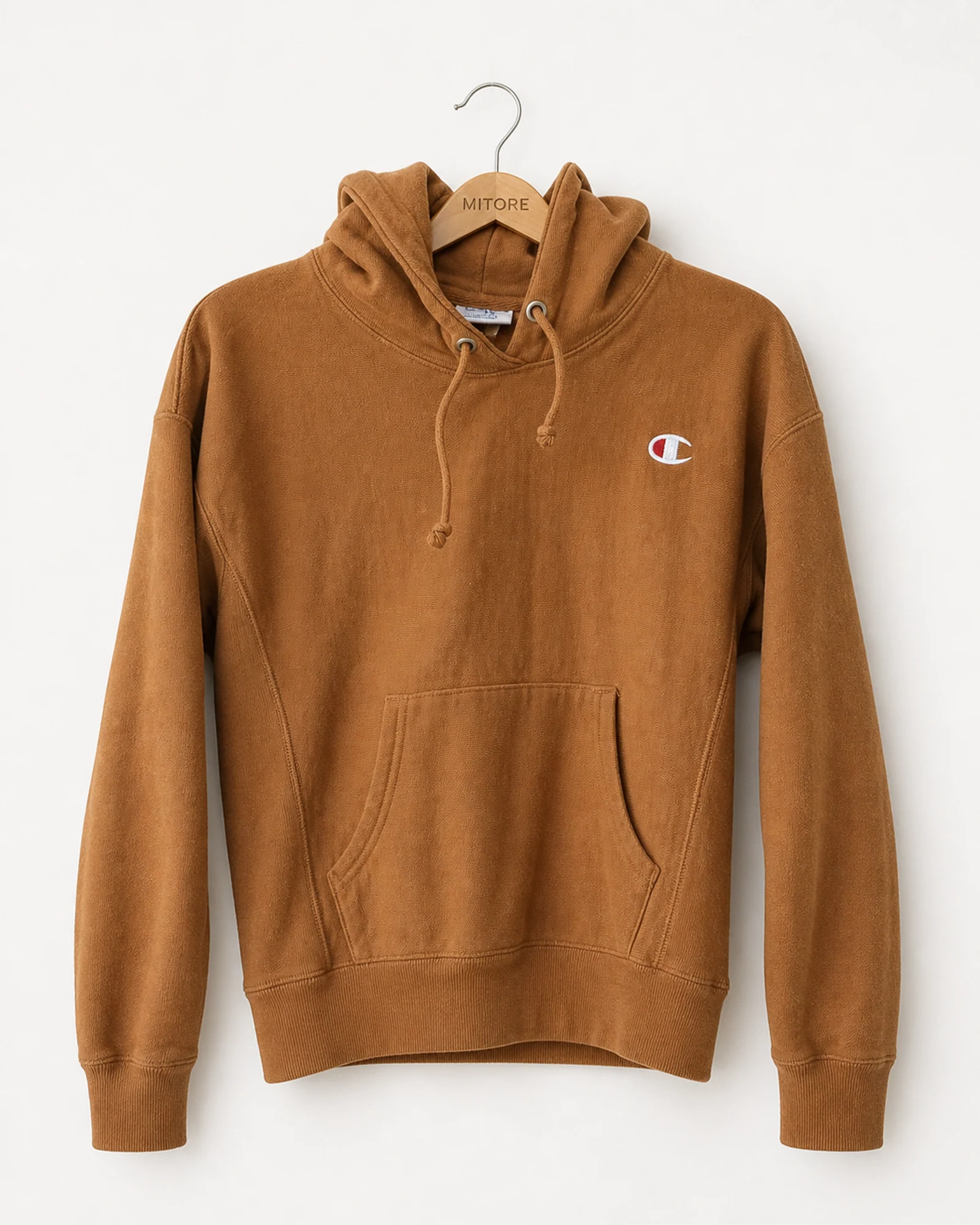 Vista frontal de hoodie champion tan y café talla xs / tp