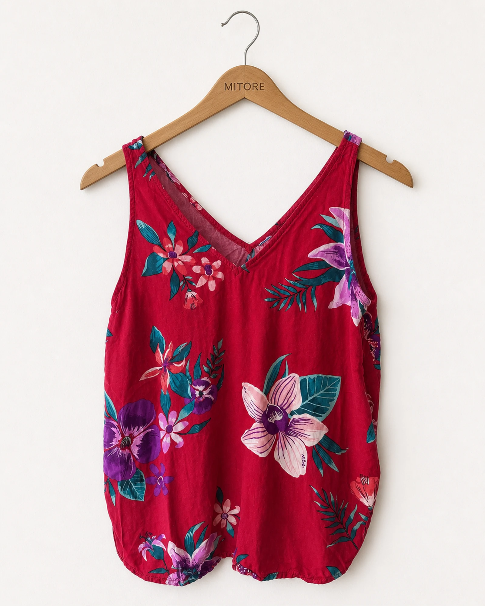 Vista frontal de vestido rojo, rosado y floral talla xs / tp / p