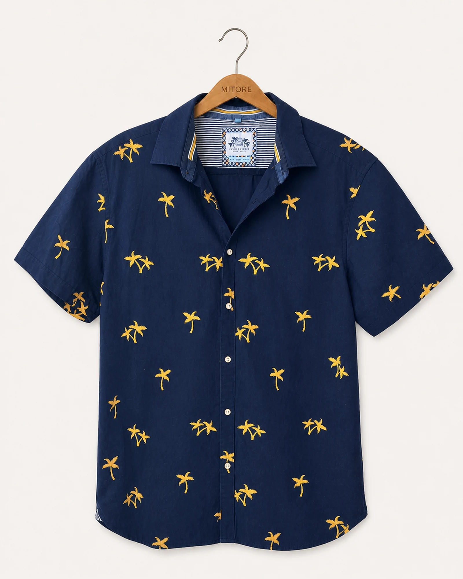 Vista frontal de camisa o top denim & flower ricky singh azul marino y amarillo talla l